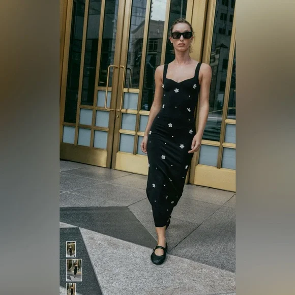 Zara Black Midi Dress with White Floral Details. Floral stretch midi. Nwt - Picture 2 of 7